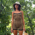 Wholesale women's foreign trade bodycon stretch sexy leopard print lace-trimmed basic cami jumpsuit shorts