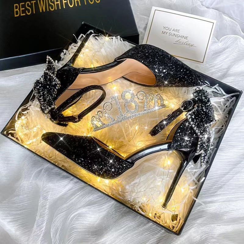 Wedding dress shoes, bridal high heels, wedding shoes, bow shoes, women's stiletto heels, 2025 new high heel sandals, black