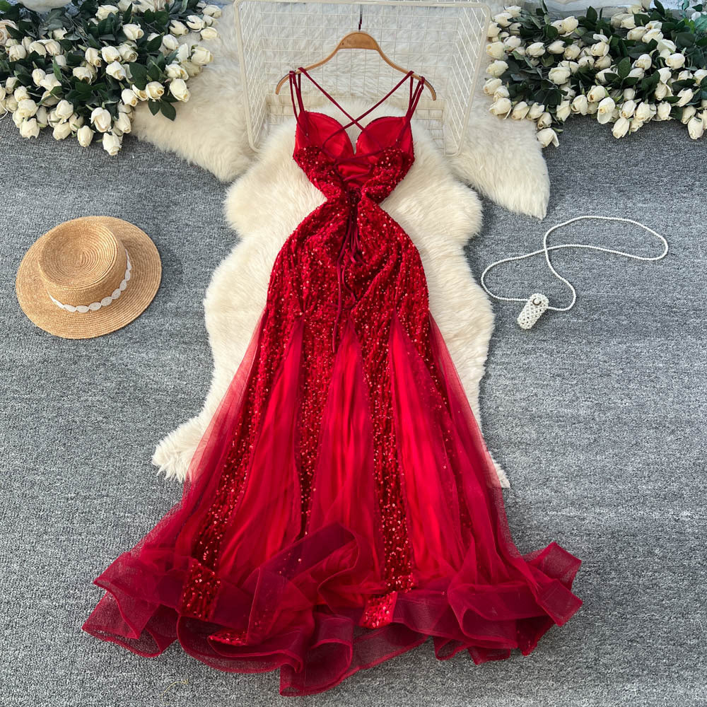 High-end women's dress: luxurious, slim-fit, elegant, mesh & sequin velvet splice cami dress - trendy & chic