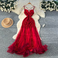 High-end women's dress: luxurious, slim-fit, elegant, mesh & sequin velvet splice cami dress - trendy & chic