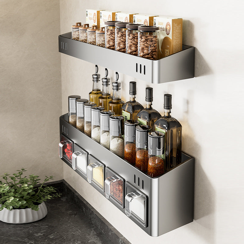 Gun Ash Kitchen Shelf No Punching Multifunctional Wall Mounted Multi-layer Seasoning Combination Seasoning Box Storage Shelf