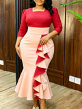 New arrival cross-border ruffles hip skirt color matching silmwork clothing hip fishtail dresswoman dresses