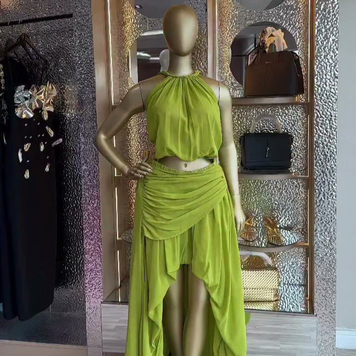 European and american cross-border women's fashion:  summer new arrivals - sexy and elegant halter neck sleeveless top with pleated midi skirt set