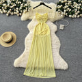 French chic design: twist knot ruched waist cami dress - women's slimming, backless maxi dress with mesh overlay