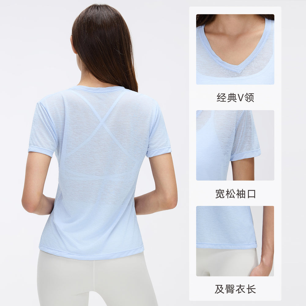 Summer v-neck bamboo slub lightweight breathable sports t-shirt women's running fitness short sleeve yoga top d26098