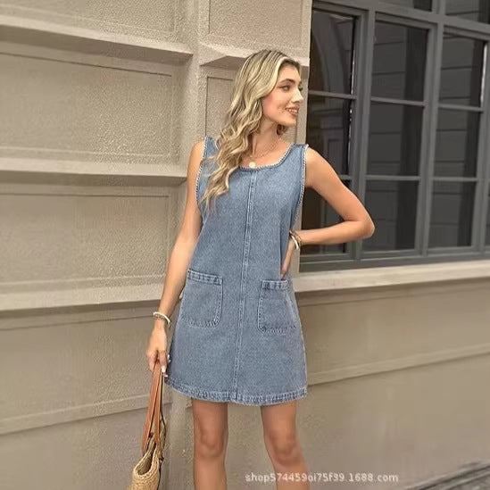 Amazon tiktok pinduoduo export summer sleeveless denim tank dress u-back denim skirt with slit