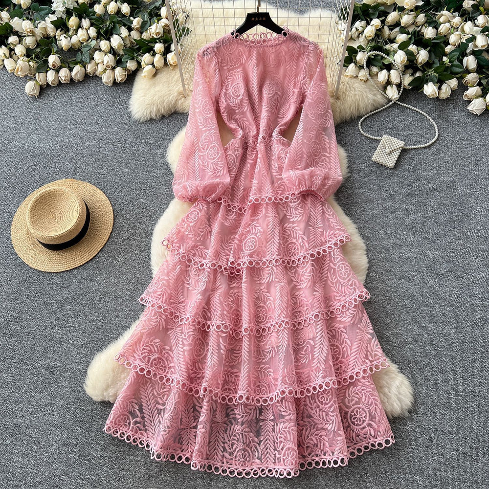 French chic high-end elegant dress for women, autumn  collection: luxurious, heavily embroidered, cinched waist, ruffle hem, tiered maxi dress
