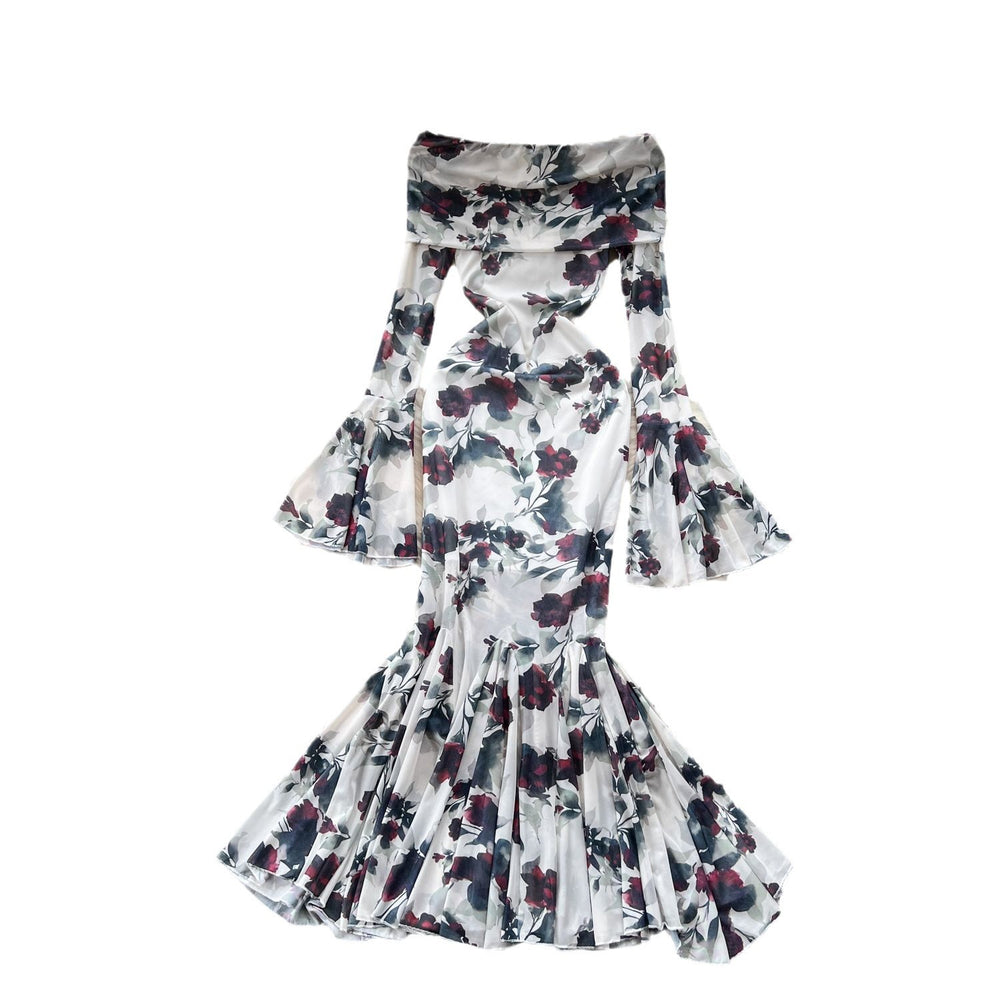 Goddess-style niche styleclassy one-shoulder lapel bell sleeves waist slimming lookelegantprintingrufflesdress