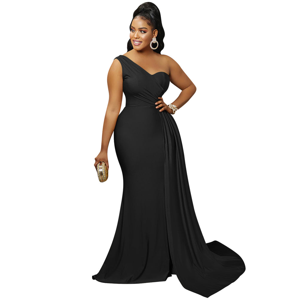 X5819 european and american new arrival   fashion solid color party bodycon one-shoulder sleeve maxi dress for women
