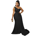 X5819 european and american new arrival   fashion solid color party bodycon one-shoulder sleeve maxi dress for women