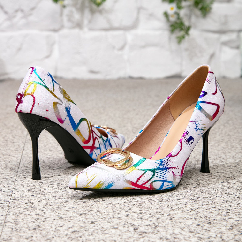 Women's random print vacation fashion high heels wedding party pointed toe stiletto heels - cross-border amazon