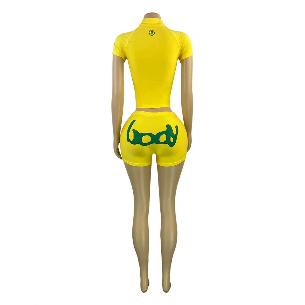 hot-selling european and american fashion women's letter-printed half-zip short-sleeve top and tight shorts two-piece set