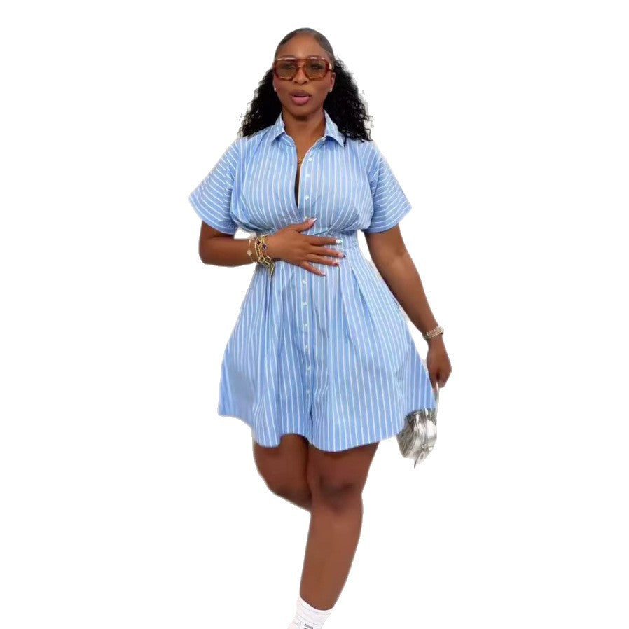 European and american cross-border women's fashion:  summer new arrival - stylish turn-down collar, slim-fit, pocketed, short striped shirt dress