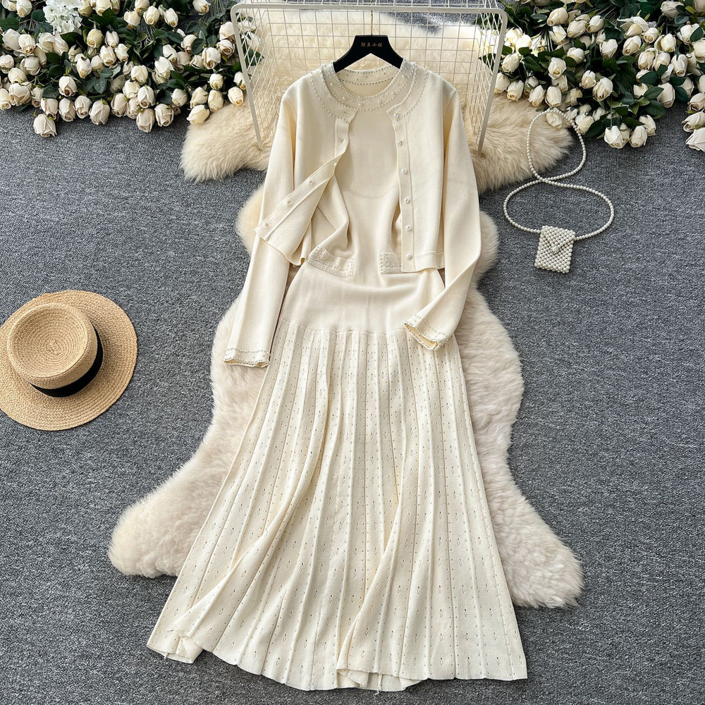 Classy tweed style outfit women's autumn fashion beading round neck sleeveless knittingdresslong sleevecardiganoutwear