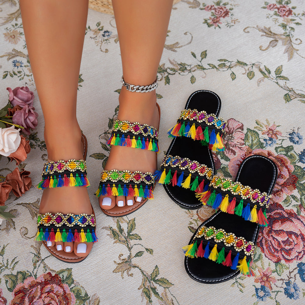export tassel beach sandals women's  summer new bohemian flat large size slippers wholesale