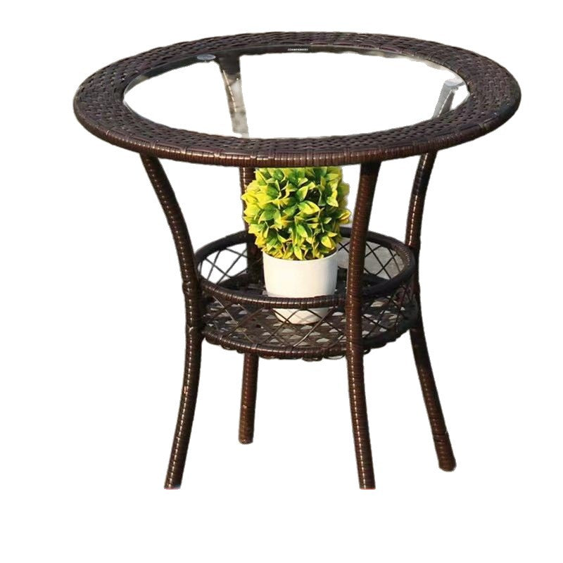Minimalist balcony leisure storage small round table mini rattan woven tempered glass coffee table round small coffee table set