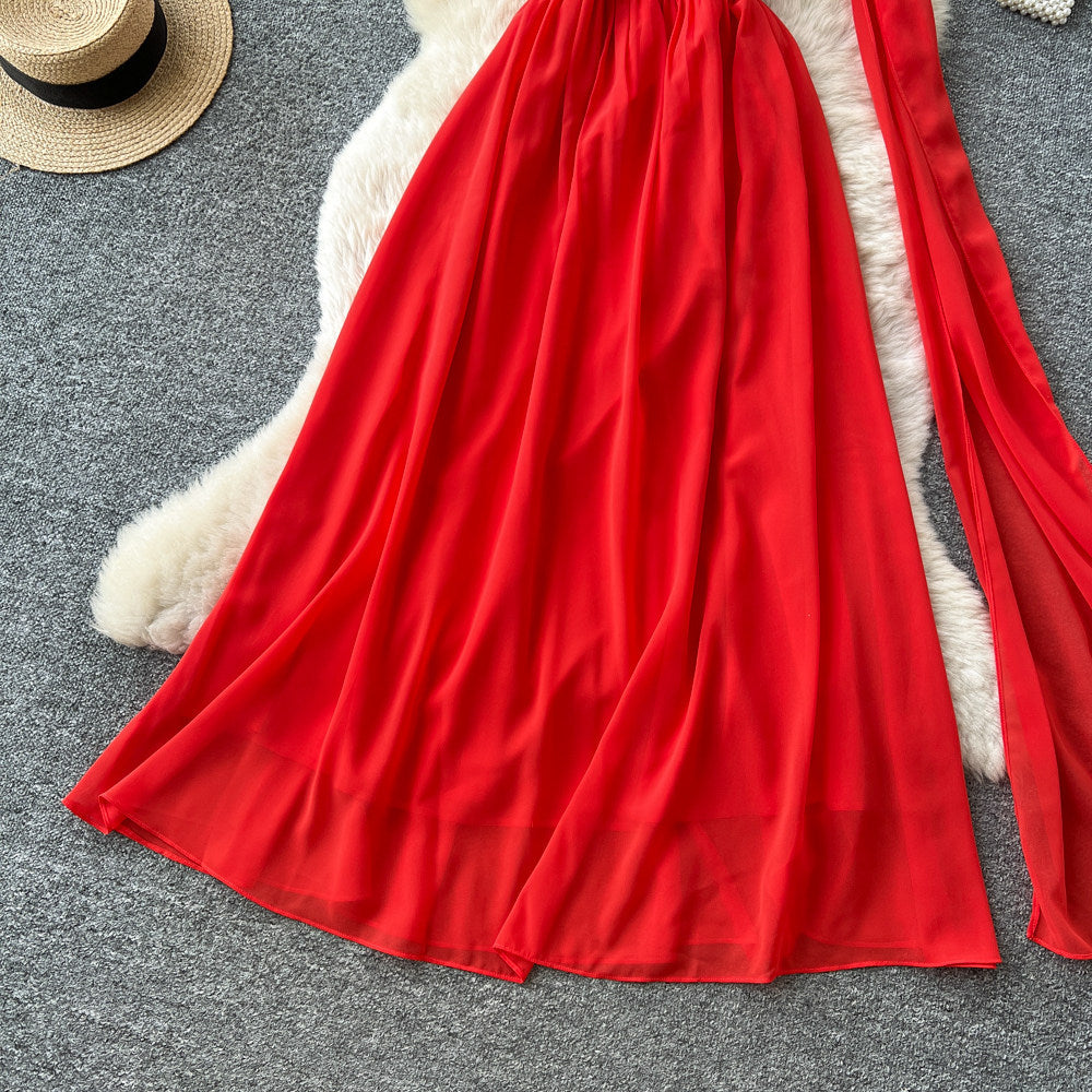 Pure desire red halter dress women's summer slimming look age reduction stereo flower decoration long dress eleganceelegant dress