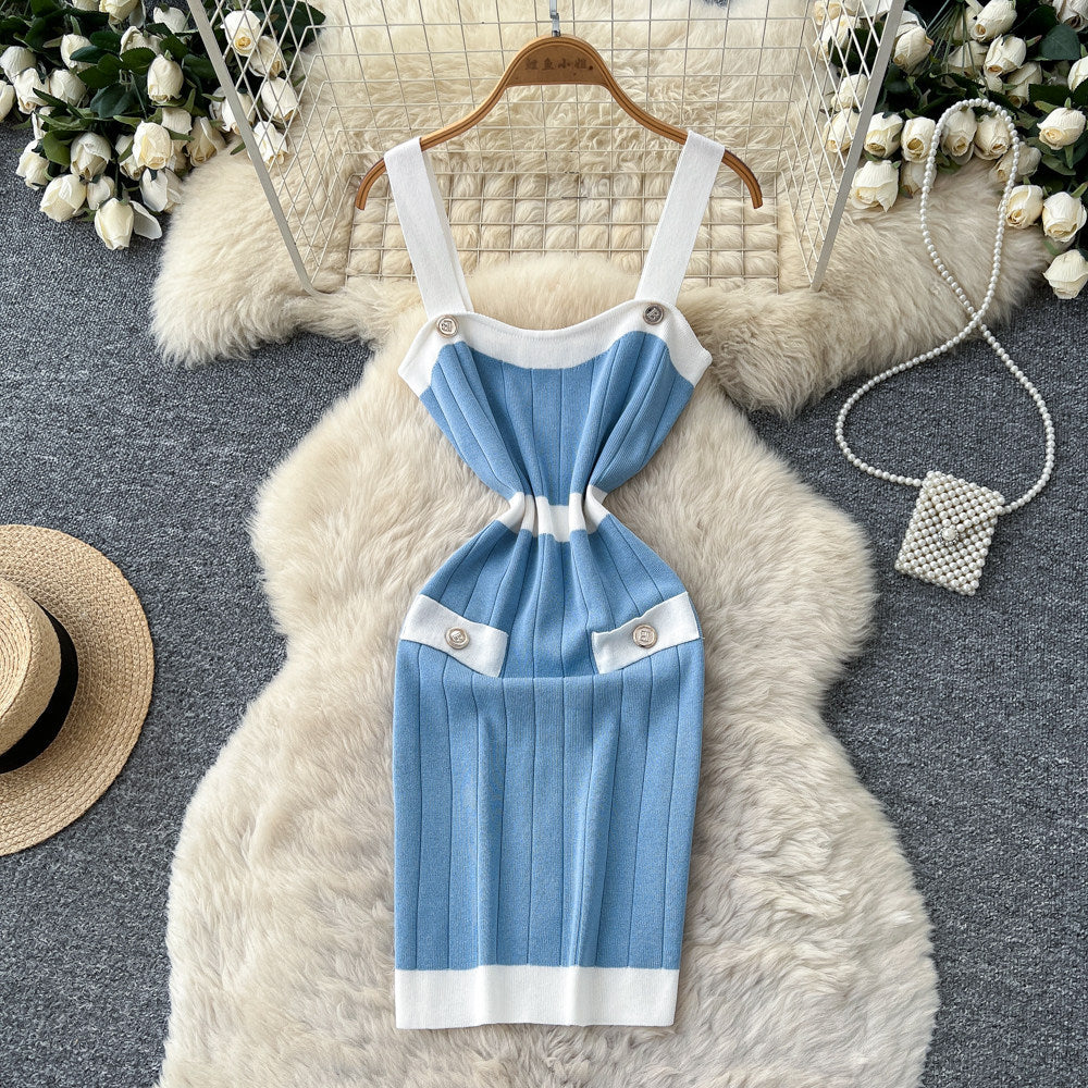 Xiaoxiangfengcontrast color suspender casual sleeveless dress women's summer waist slimming knitting skirt work clothingclassy