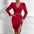 european and american cross-border new arrival: shimmering two-piece set - bubble long sleeve cropped top with ruched slit detail
