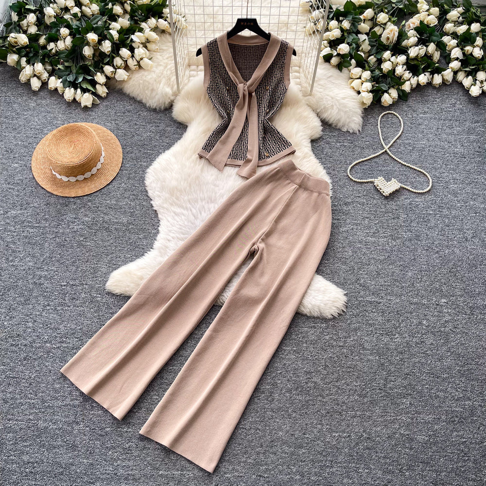 Korean style commute v-neck tank top & wide leg pants two-piece set - women's summer slimming, figure-flattering, high-end fashion outfit