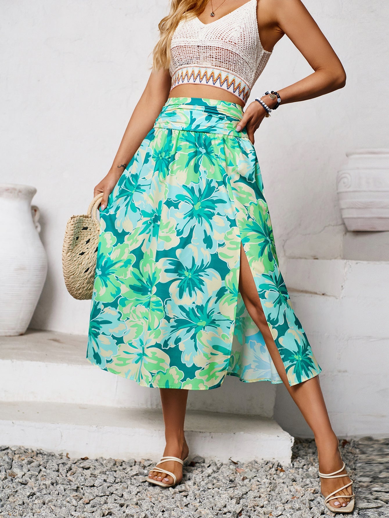 Shanuo independently designs and shoots new women's clothing in Europe, America,  summer casual collection, flower printing skirt