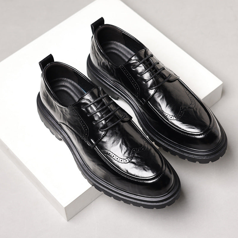 Genuine leather men's dress shoes - new business formal brogue style, british casual, black, for weddings and grooming