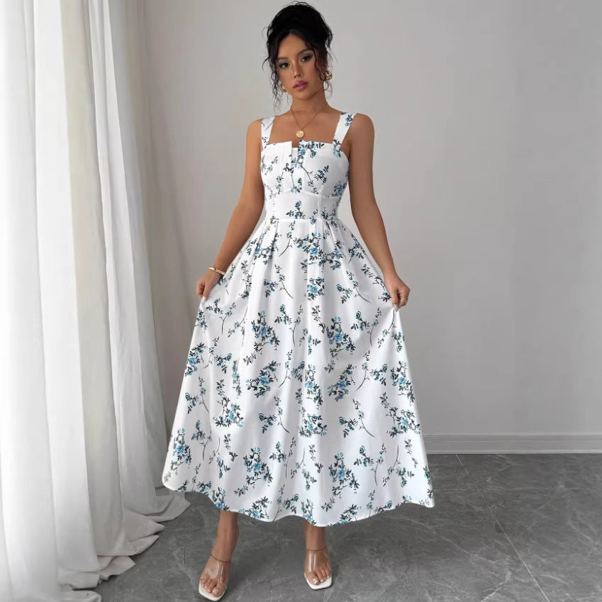 autumn european and american  cross-border e-commerce new solid color sleeveless square neck printed backless slit dress