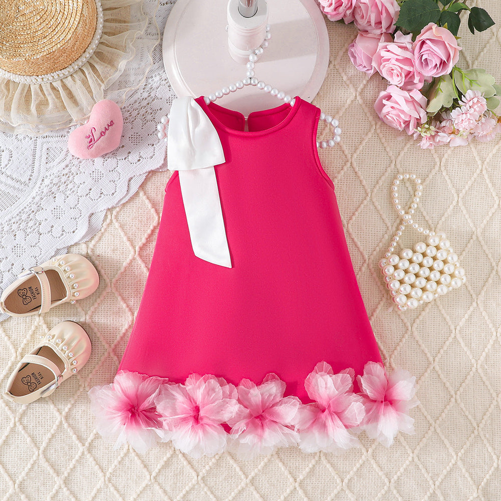 girls' solid color sleeveless party dress with 3d floral hem and bow detail