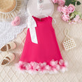 girls' solid color sleeveless party dress with 3d floral hem and bow detail