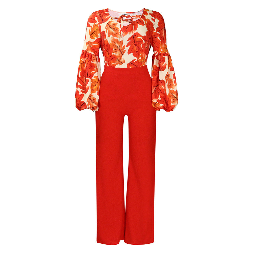 D386  plus size women's new fashion printed tie-up top and wide-leg pants two-piece set - european and american style