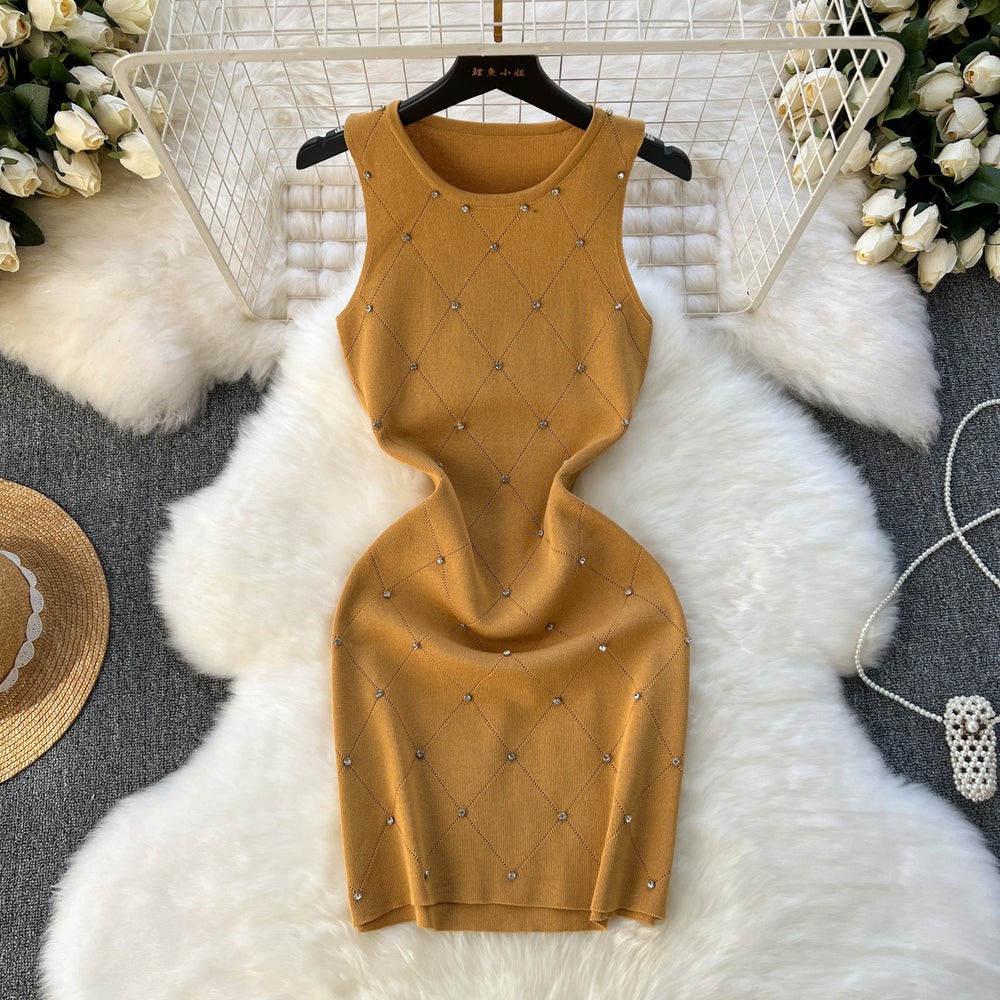Accessible luxury diamond quiltedknittingdress women's elegant round neck silm short stretch wrap skirt sleeveless vest skirt