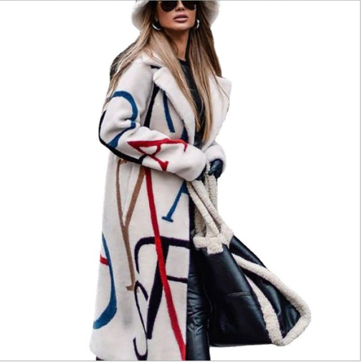 In stock! fashion cross-border fall and winternew arrivalwomen's looseplus sizeprinting windbreaker lapel coatoutwear women