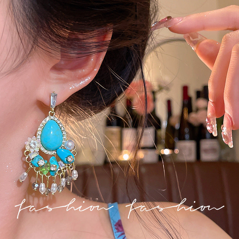 New chinoiserie retro turquoise tassel flower earrings women's niche design ethnic style earrings fashionelegant earrings