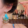New chinoiserie retro turquoise tassel flower earrings women's niche design ethnic style earrings fashionelegant earrings