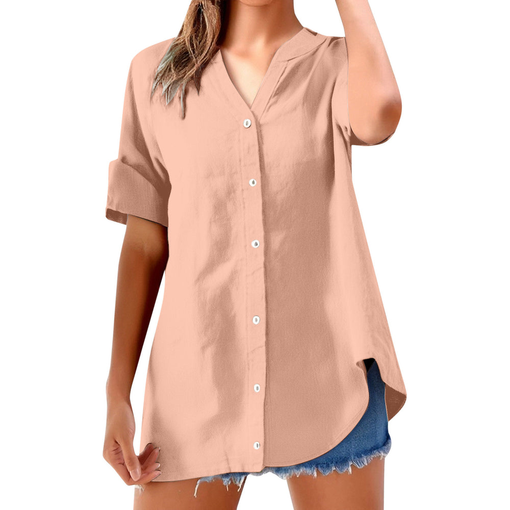cross-border women's casual solid color stand collar button-down short sleeve shirt top
