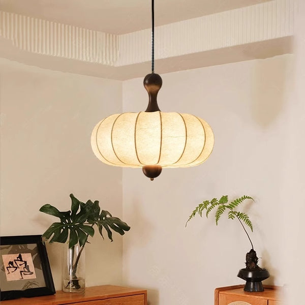 Medieval restaurant chandelier wabi sandy wind Japanese retro homestay fabric solid wood pumpkin walnut color master bedroom chandelier