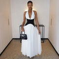 summer new arrivals: european and american style fashionable color block deep v sexy sleeveless halter neck cinched waist maxi dress for women