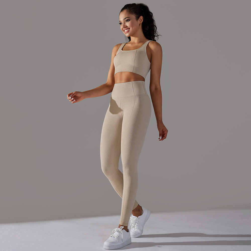 fashion seamless knittingpure color polka dot high elastic tight breathable yoga suit running fitness two-piece set