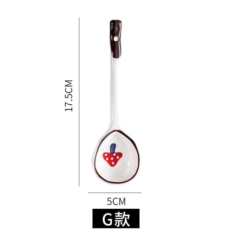 Japanese ceramic long-handled spoon - hand-painted cute creative cartoon dessert spoon - household ramen spoon - soup spoon
