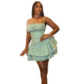 European and american style foreign trade printed retro women's casual layered pleated skirt off-the-shoulder bandeau camisole short summer dress