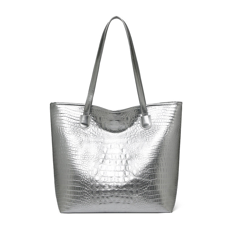 Trendy fashion tote bag 2026 new spring solid color crocodile pattern large capacity shoulder bag handbag women's bag