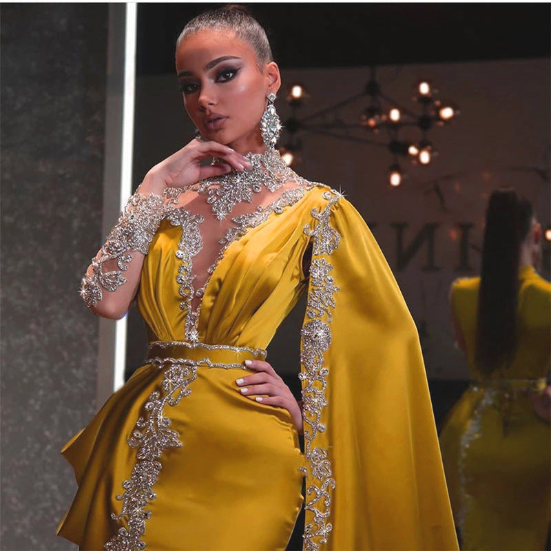 new foreign trade european and american women's clothing   evening gown yellow gold sprinkle sequin long dress