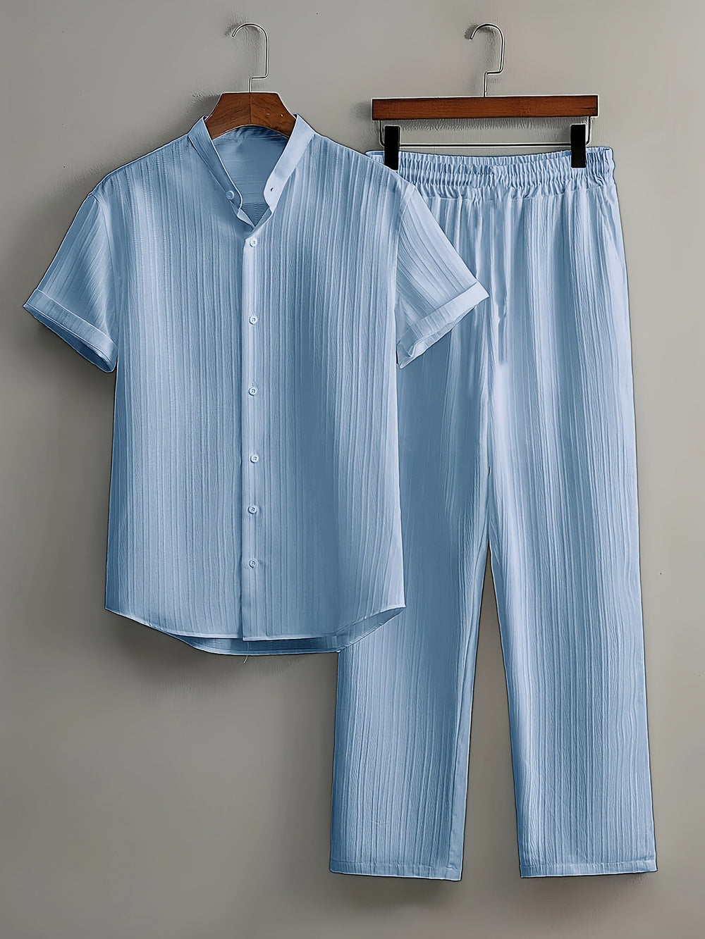 fashionmensuitcasualpure color short-sleeved shirt multi-color beach slub wrinkled short-sleeved pants two-piece set