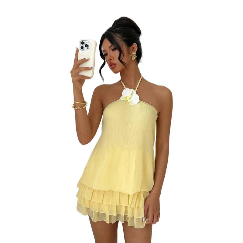 Women's summer fashion elegant 3d floral embellished sexy low-rise backless ruffle hem mini dress