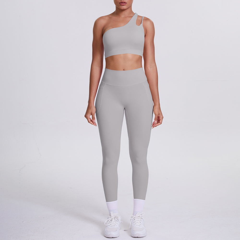 Cloud-feel one-shoulder backless sports bra set - high-waisted, butt-lifting, compression yoga outfit - quick-dry running & fitness set for women