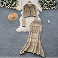 Autumk-styleelegantcontrast colorround neckshortknittingcardiganfishtail skirtcut outcrochetknittingtwo-piece set