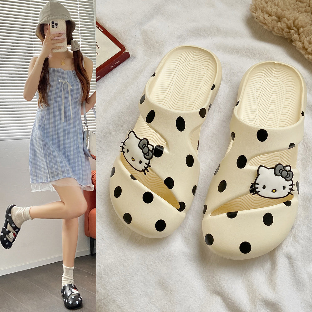New eva polka dot hello kitty slip-on open-toe women's slippers - summer outdoor wear, thick sole, non-slip casual sandals