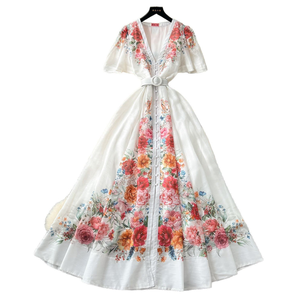 French dress women's  spring elegance deep v neck single breasted small flying sleeves waist large swing printing vacation long skirt