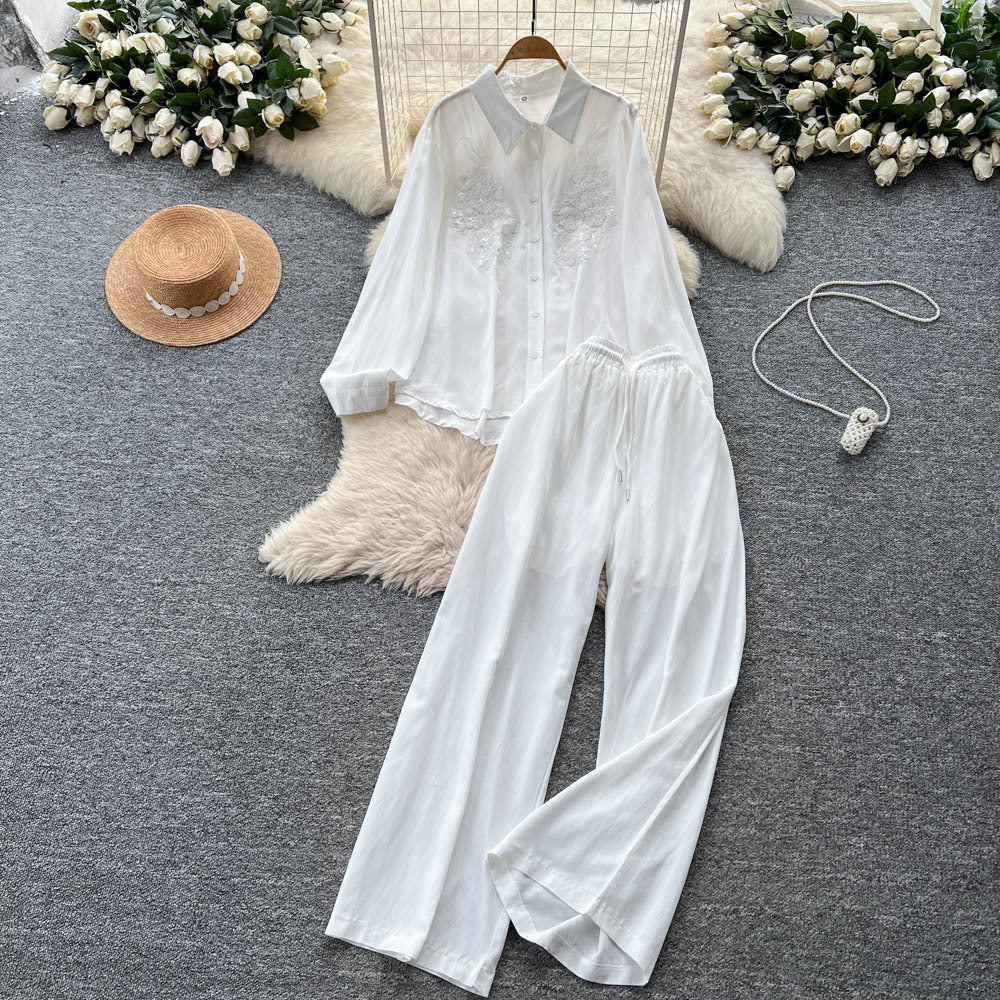 European and american style casual suit for women - autumn collection: heavily embroidered beaded mesh panel long sleeve loose-fit shirt with high-waisted wide-leg pants