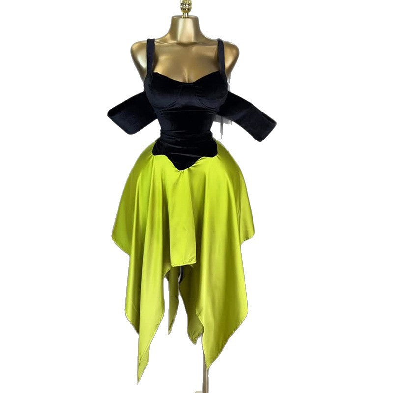 European and american cross-border african women's fashion  autumn new arrival: elegant patchwork asymmetrical dress with spaghetti straps